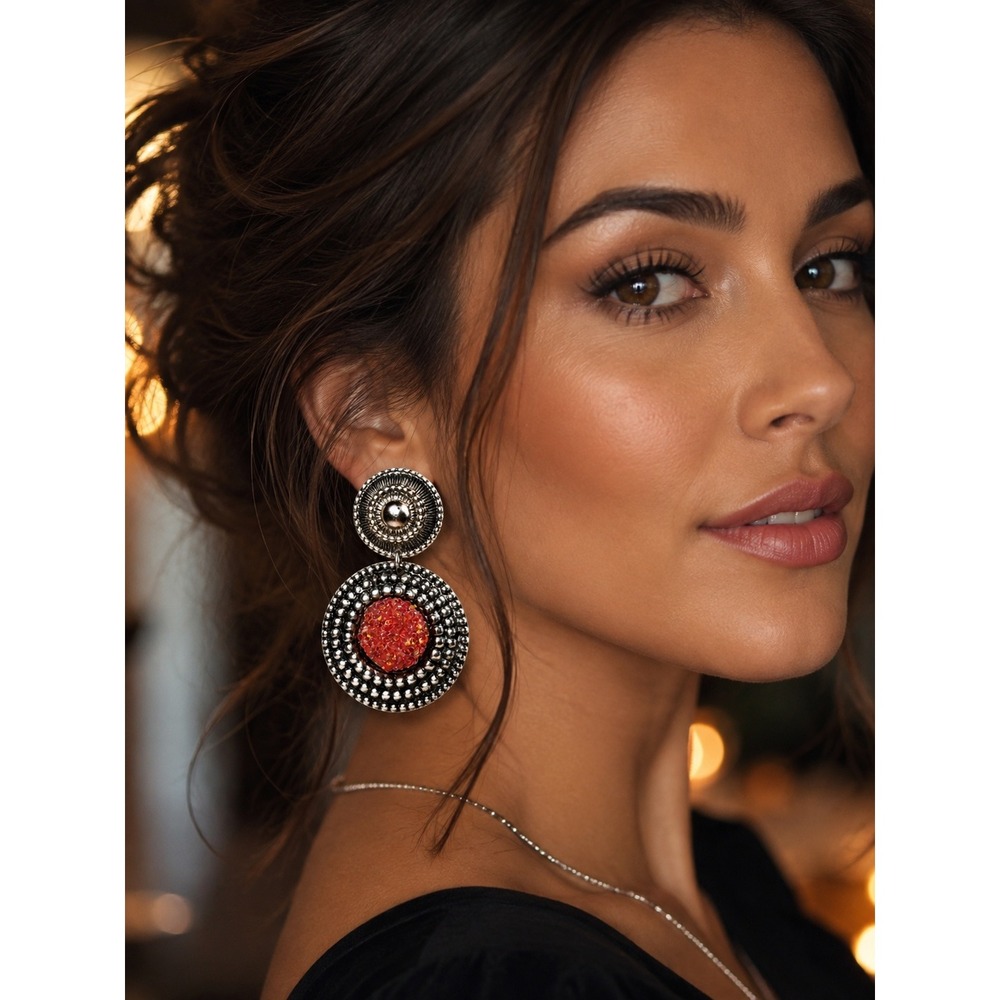 Southwestern Dangle Earrings Silver Tone Druzy Concho Boho Statement Earrings